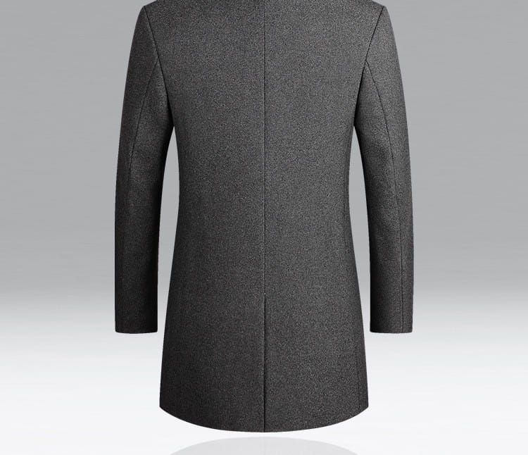 Men cotton woolen overcoat in sleek dark gray with a classic tailored fit and subtle texture