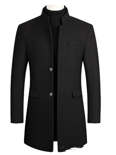 Black woolen coat with stand collar and two front pockets made of cotton woolen for men.