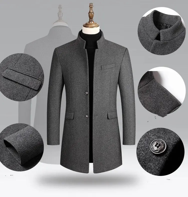 men cotton woolen overcoat in gray featuring a stand collar front button closure and two flap pockets