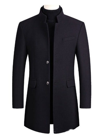 Black woolen men cotton woolen overcoat with stand collar and three silver buttons.