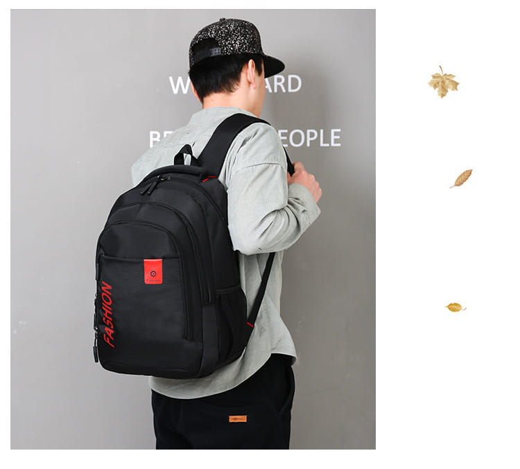 Men’s laptop backpack made of black nylon canvas with red accents and fashion branding on the side, designed for school use.