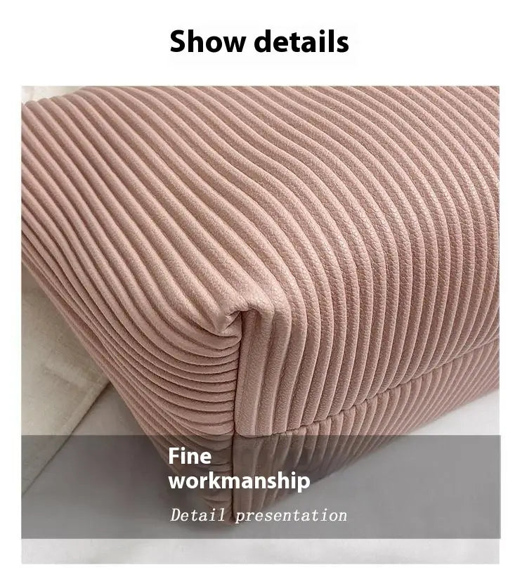Pleated shoulder bag minimalist pu leather tote featuring pink corduroy fabric with a distinct ribbed texture.