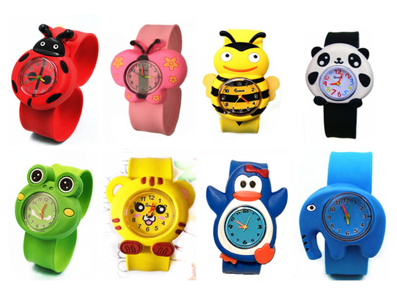 Collection de montres-bracelets en silicone à l’effigie d’animaux en 3D, style dessin animé, pour enfants, comprenant des montres colorées avec des bracelets en silicone souple et des motifs ludiques d’animaux, notamment des coccinelles, des abeilles, des pandas, des grenouilles, des tigres, des pingouins et des éléphants.