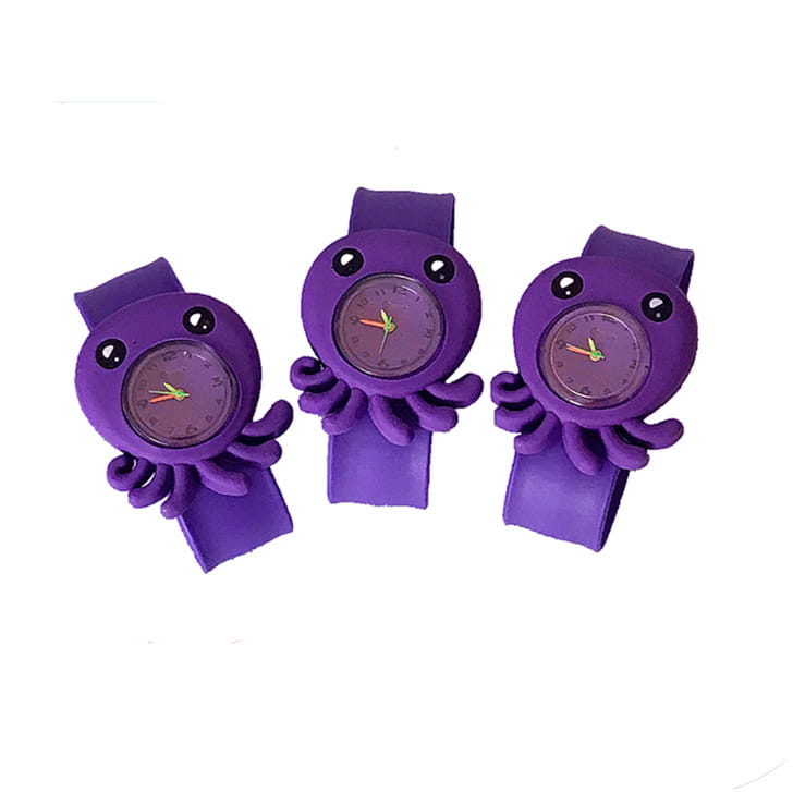Montre-bracelet en silicone à l’effigie d’un poulpe violet, style dessin animé, en 3D, pour enfants, avec des yeux noirs et un cadran rond.