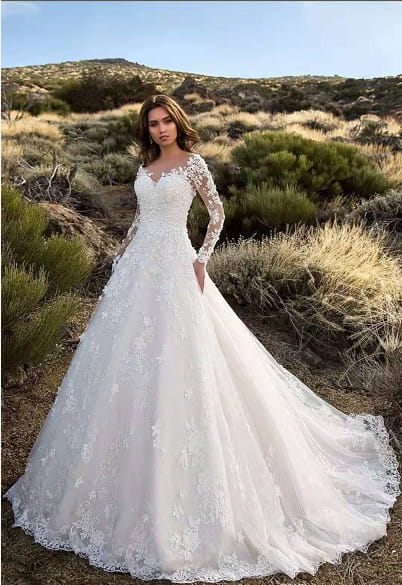 off shoulder lace long sleeve bridal wedding gown in white featuring a fitted bodice and intricate floral embroidery on lace fabric
