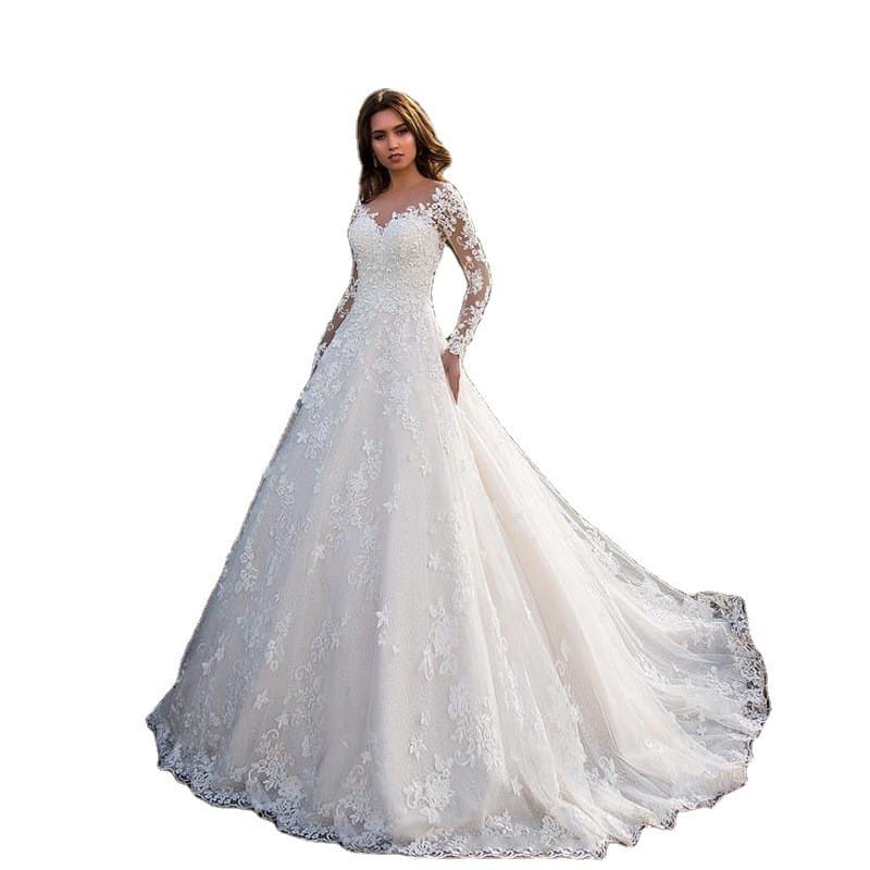 Elegant ivory off shoulder lace long sleeve bridal wedding gown featuring a flowing ballgown silhouette.