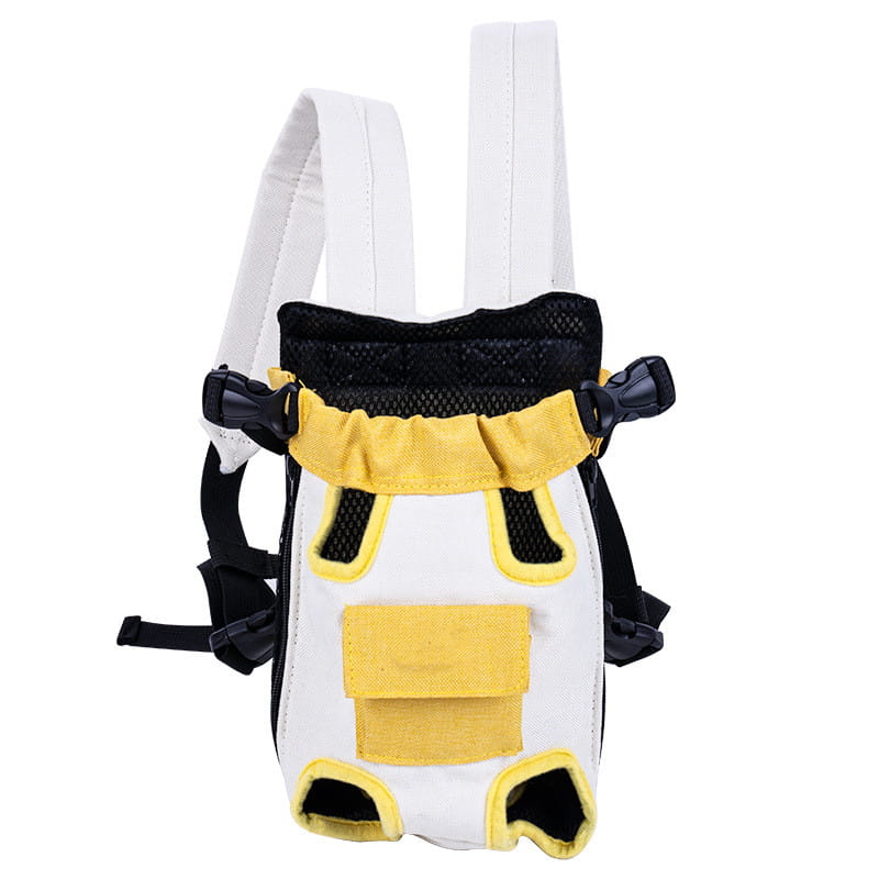 White and yellow pet carrier backpack dog front pack with black mesh accents and adjustable straps designed in denim vest style.