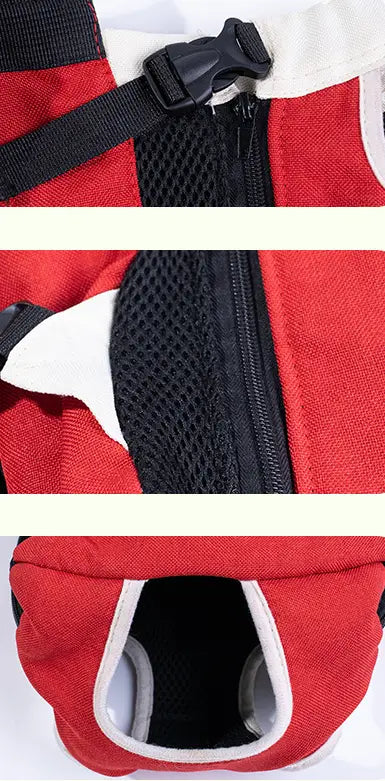 Red and white pet carrier backpack dog front pack made of denim vest material with black mesh panels zipper closure and adjustable strap.