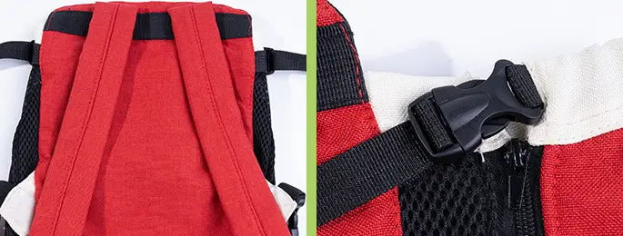 Red and black striped pet carrier backpack with mesh side panels and plastic buckle closure designed for front pack dog use in denim vest style.