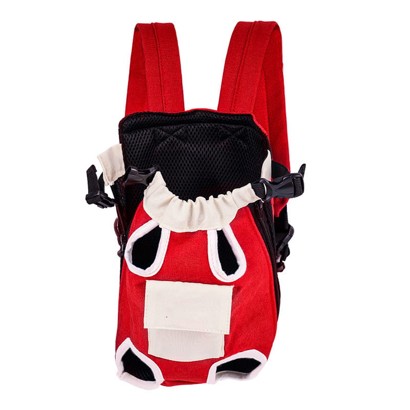 Red and black pet carrier backpack dog front pack with white trim and a cute cow face design made of denim vest material.