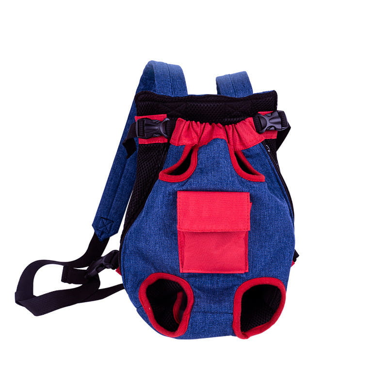 Blue denim pet carrier backpack with red accents and black straps designed as a dog front pack denim vest.