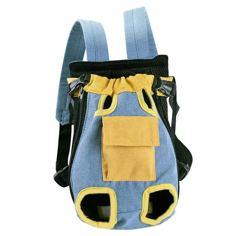 Blue denim pet carrier backpack dog front pack featuring yellow accents and black mesh panels for ventilation.