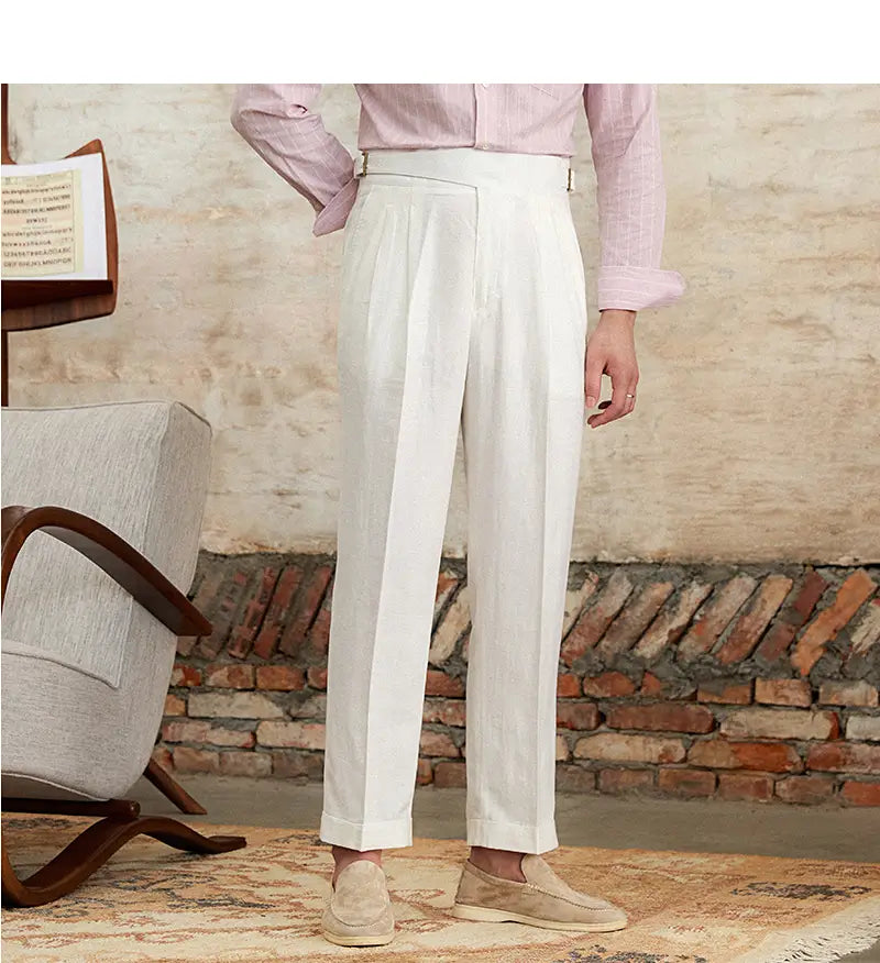 Pantalons plissés en lin et coton à taille haute, coupe droite
