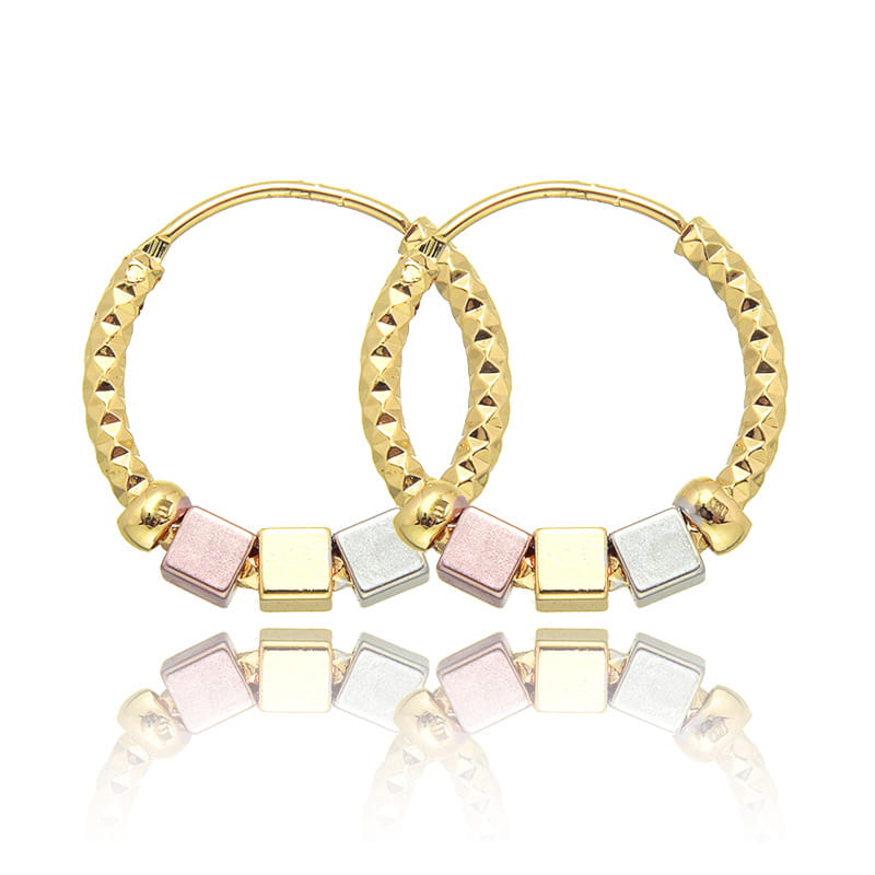 two tone rose motif hoop earrings featuring gold-colored hoops with a textured diamond-cut pattern and alternating square beads in rose gold yellow gold and silver tones with pink enamel accents