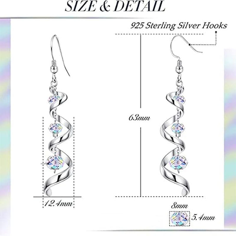 Silver spiral crystal teardrop dangle earrings featuring three sparkling crystal stones with 925 sterling silver hooks