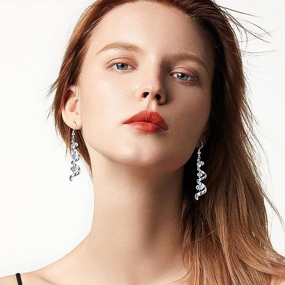 silver spiral crystal teardrop dangle earrings featuring a delicate twisted design in silver material
