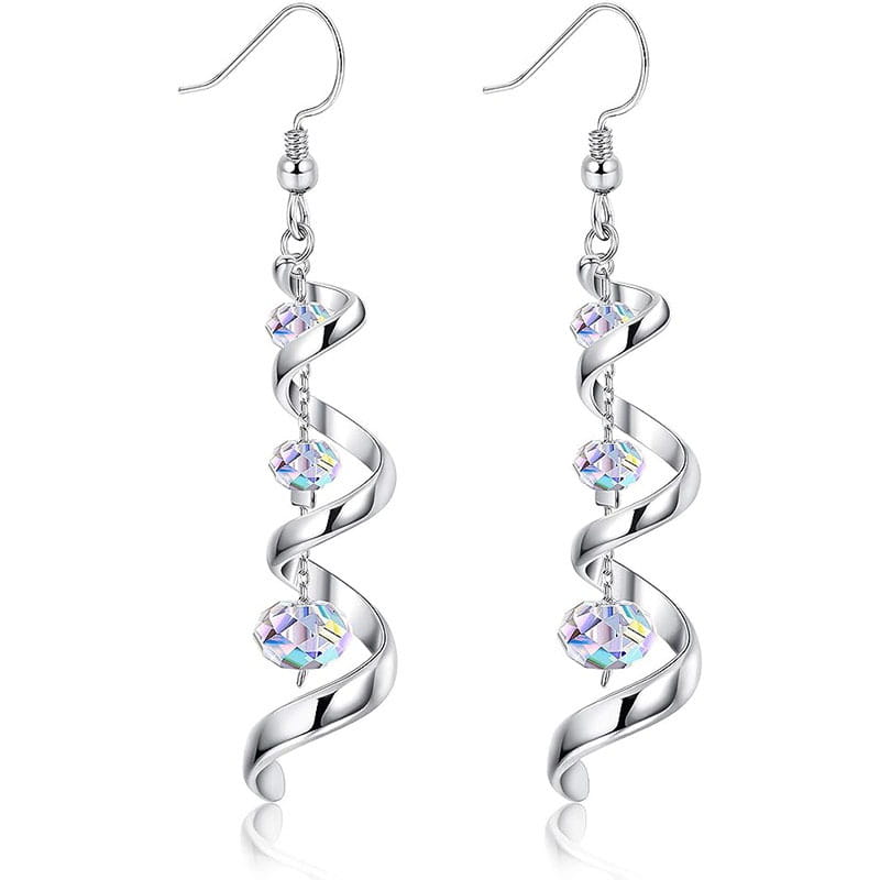 Silver spiral crystal teardrop dangle earrings featuring three iridescent crystal beads on a silver spiral frame.