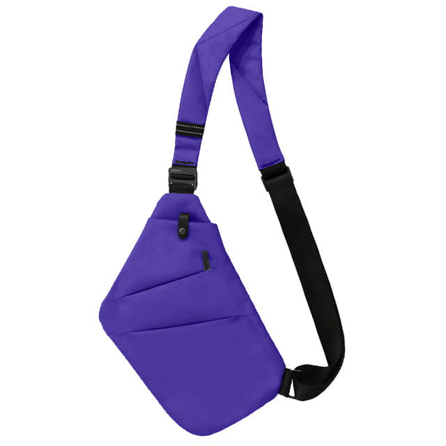 Lila Nylon-Umhängetasche mit Anti-Strahlungs-Auskleidung, mit schwarzem verstellbarem Träger und einer vorderen Reißverschluss-Tasche.