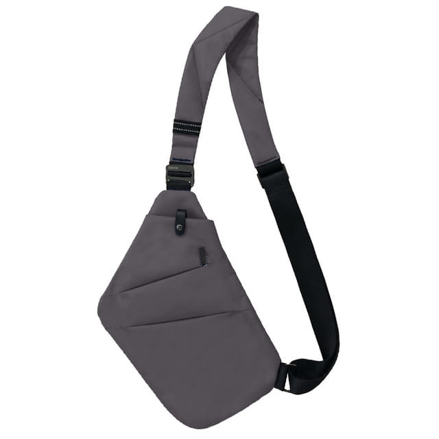 Graue Nylon-Umhängetasche mit Anti-Strahlungs-Auskleidung, mit schwarzem verstellbarem Träger und mehreren Reißverschlussfächern.