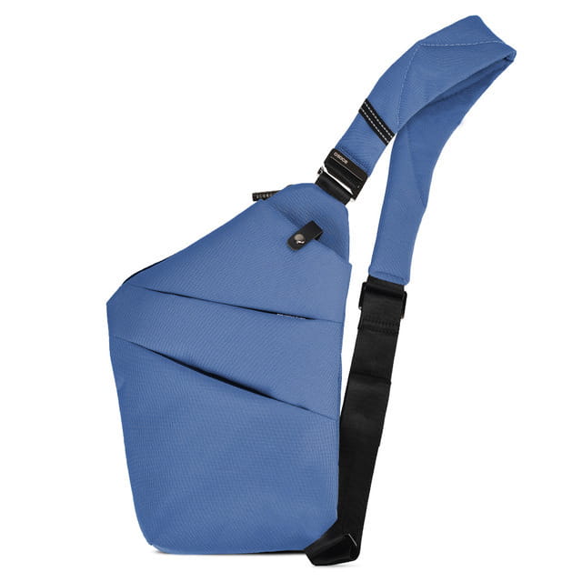 Blaue strukturierte Nylon-Umhängetasche mit Anti-Strahlungs-Auskleidung, mit schwarzem verstellbarem Träger und Reißverschlussverschluss.