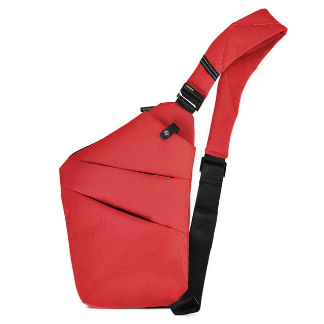Nylon-Umhängetasche in Rot mit schwarzem Träger und Reißverschlussdetails, mit Anti-Strahlungs-Auskleidung.