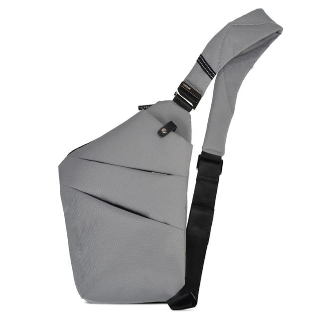 Graue strukturierte Nylon-Umhängetasche mit Akzenten am schwarzen Träger und Anti-Strahlungs-Auskleidung in einem eleganten, modernen Design