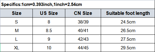 Size chart for acupressure massage slippers for men and women showing US and CN sizes with corresponding foot lengths for accurate fitting.