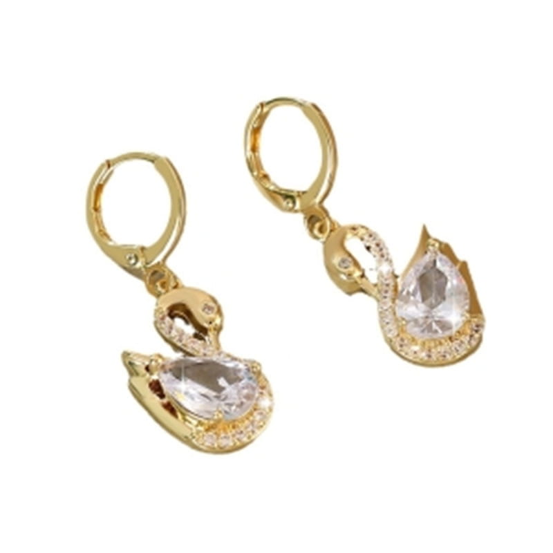 Crystal rhinestone swan drop earrings for women featuring gold-toned metal with clear teardrop crystals and pave-set stones along the body.