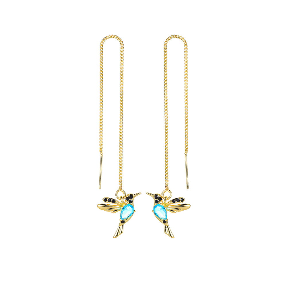 Elegante Kolibri-Kristall-Ohrringe mit Quasten-Anhänger für Damen, mit goldfarbenen Ohrhaken und Akzenten aus türkisfarbenen sowie schwarzen Edelsteinen.