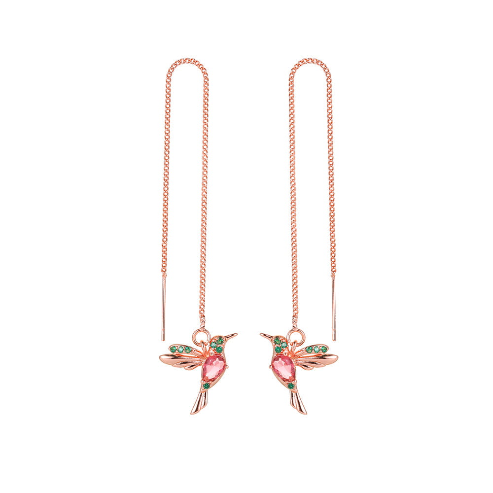 Roségoldene Kolibri-Ohrmanschetten mit Akzenten aus rosafarbenen und grünen Edelsteinen, entworfen als elegante Kristall-Quasten-Ohrringe für Damen.
