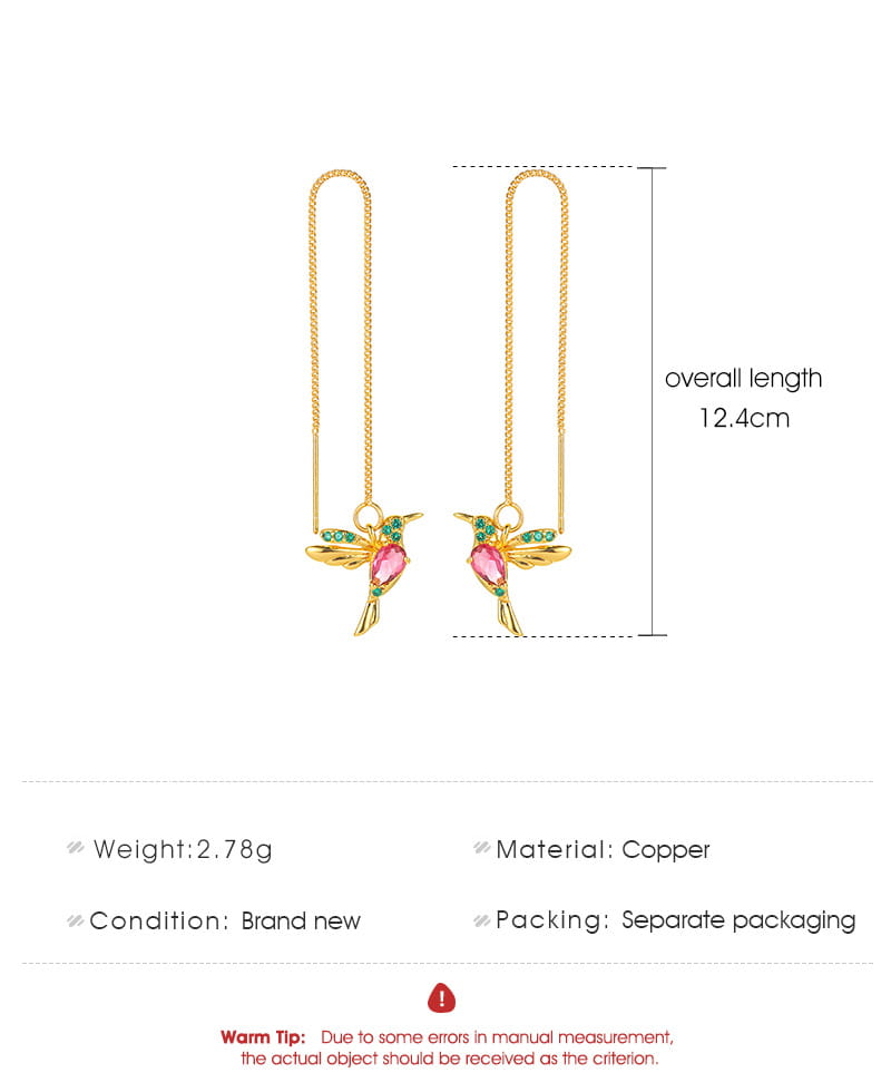 Elegante Kolibri-Kristall-Ohrringe mit Quasten-Anhänger für Damen, mit goldfarbenem Kupfer und Akzenten aus rosafarbenen und grünen Edelsteinen.