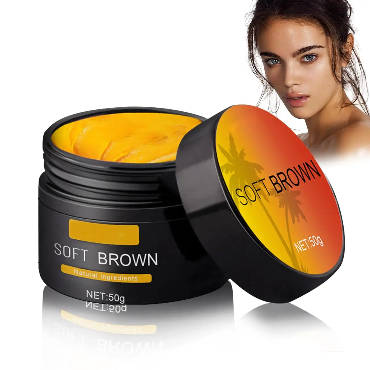 black jar of soft brown suntanning beauty cream 50g with vibrant orange and yellow gradient lid featuring palm tree silhouettes containing natural ingredients