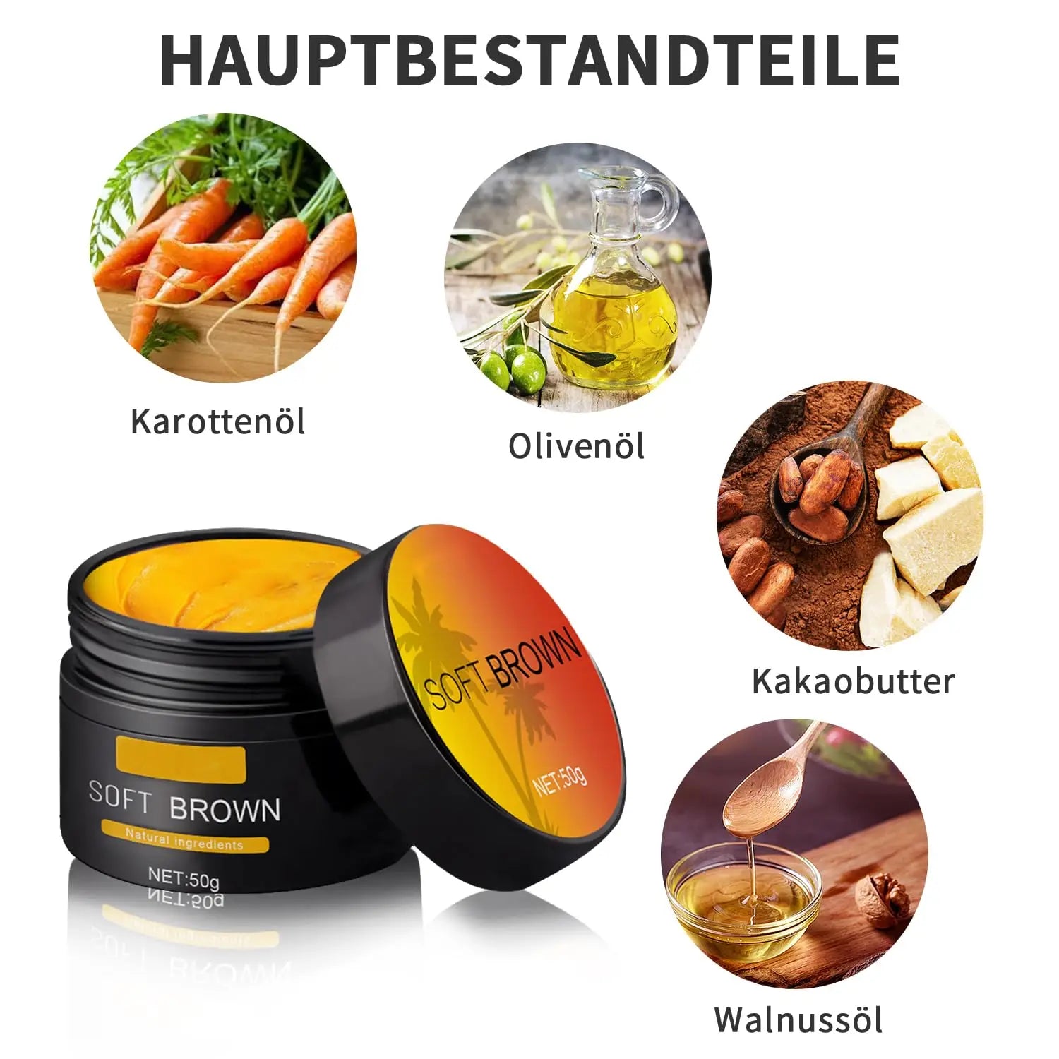 A black jar with an orange lid containing a yellowish brown creamy substance labeled soft brown suntanning beauty cream 50g net weight.