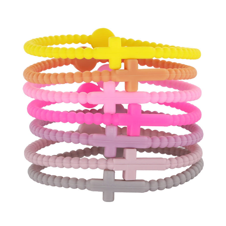 A stack of colorful beaded silicone cross bracelets with round clasps each featuring a central cross charm in matching hues.