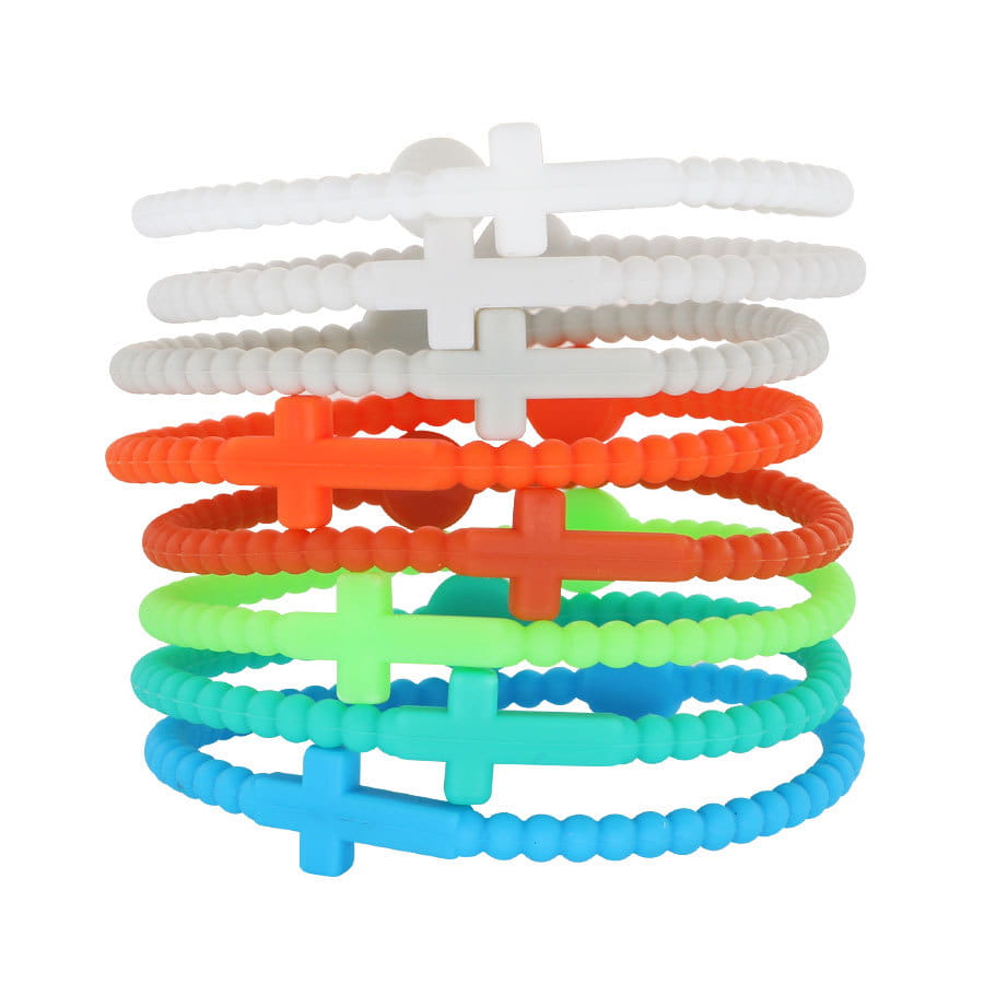 A stack of colorful beaded silicone cross bracelets with textured bands and round clasps in matching vibrant hues.