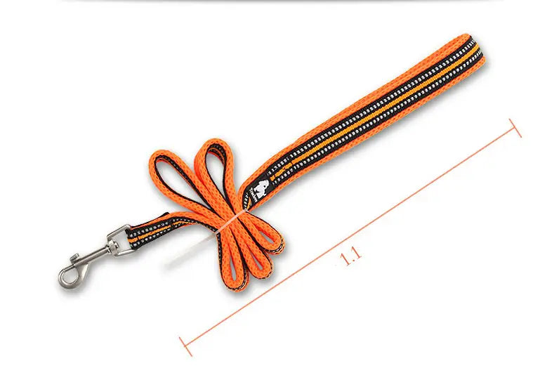 Bright orange reflective braided nylon dog leash with black and yellow reflective stripes and a sturdy metal clasp for secure pet control.