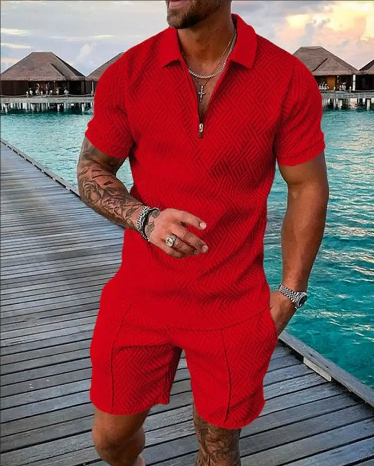 Men’s textured red short-sleeved polo and matching shorts summer set made from breathable fabric.