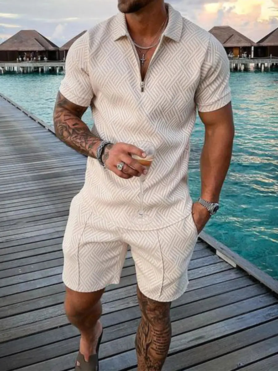 Beige men’s textured short-sleeved polo shirt with a subtle geometric pattern and matching shorts summer set.