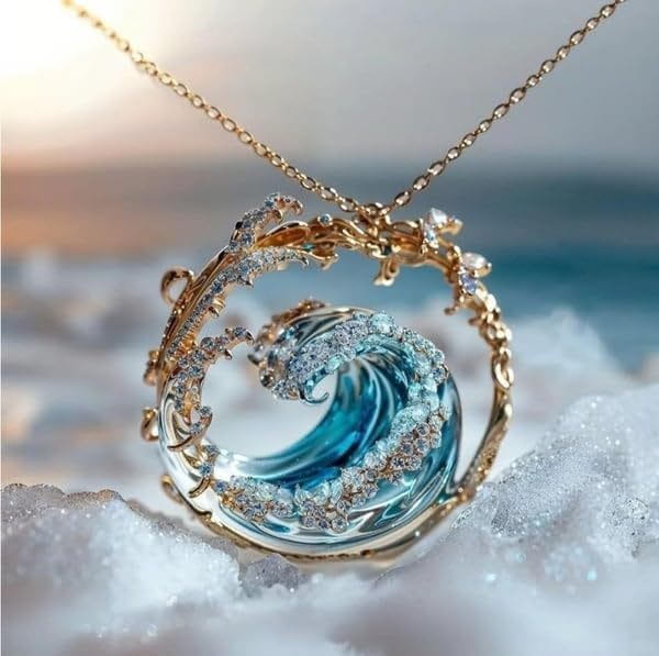 A delicate gold chain necklace features an ocean wave turquoise glass pendant with intricate swirling design encased in a gold frame adorned with clear sparkling crystals.