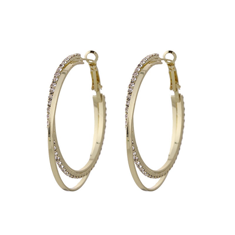 Double layered crystal pave hoop earrings featuring gold-toned metal with a delicate row of clear crystals embedded along the outer edge.