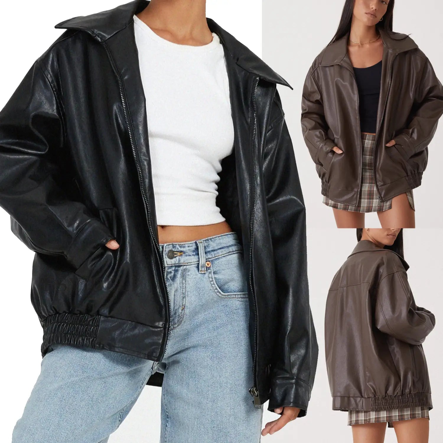 Black faux leather bomber jacket with a hood and zipper front designed as a relaxed fit women’s coat.