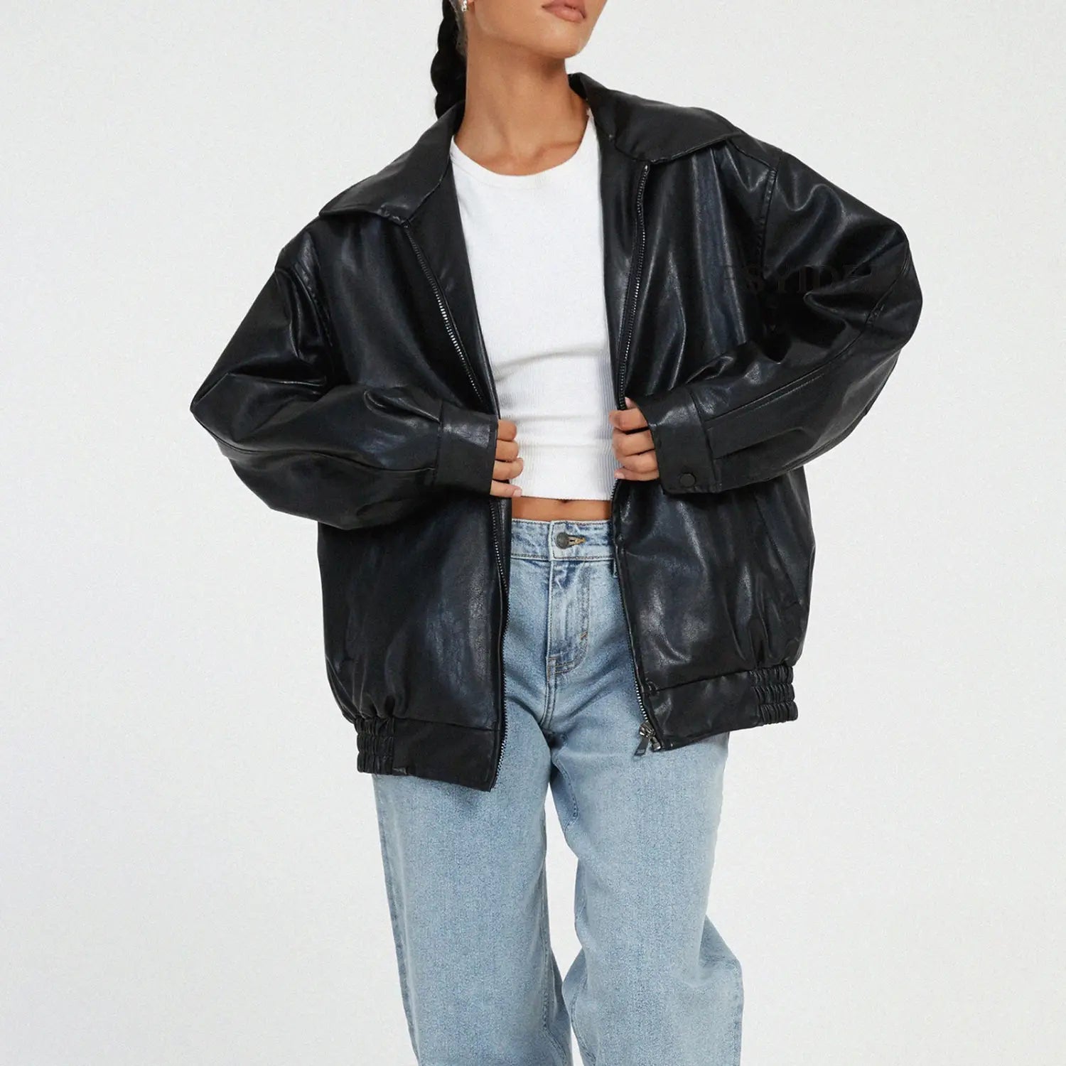 Black faux leather bomber jacket with relaxed fit and ribbed cuffs for women