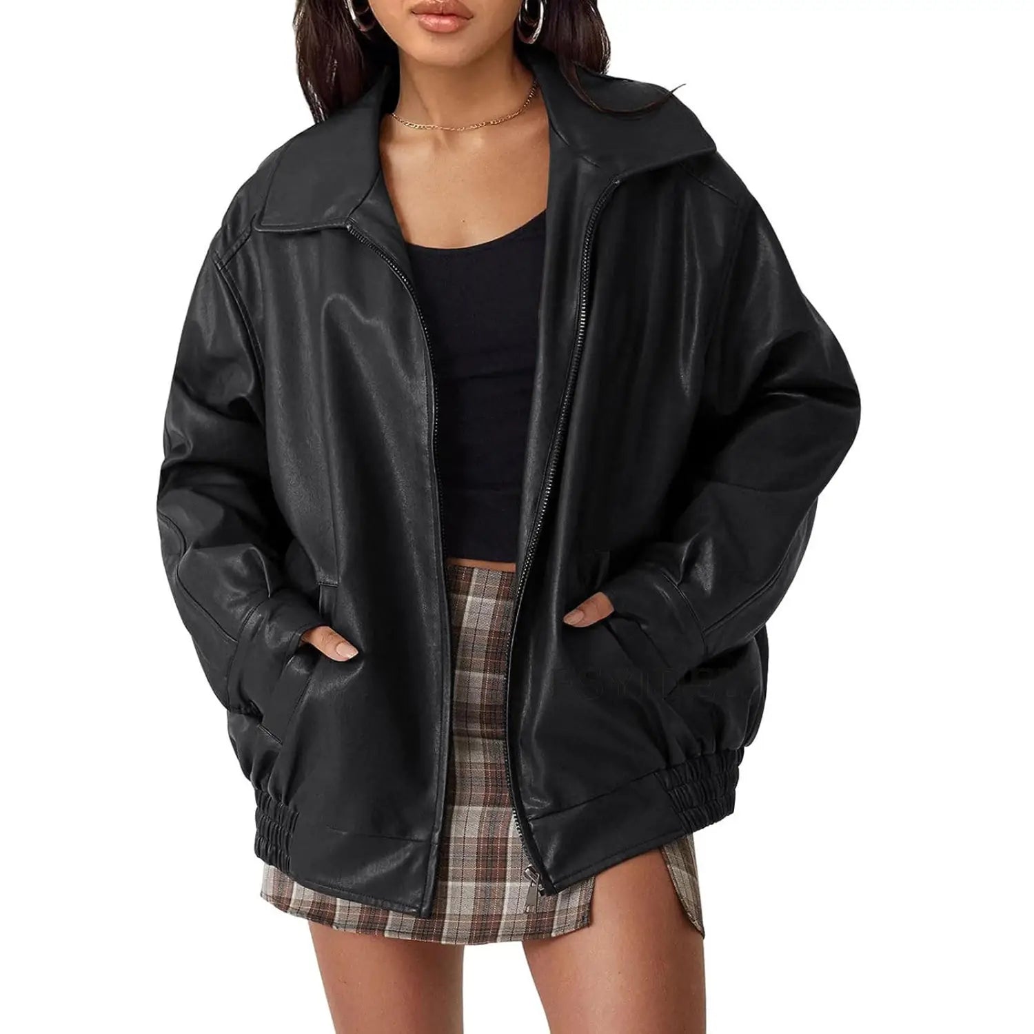 Black faux leather bomber jacket with relaxed fit and ribbed cuffs for women displayed from the back side.
