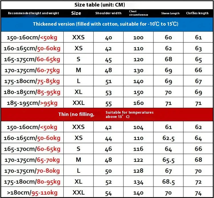 Size chart in centimeters for thickened and thin versions of the insulated ma1 pilot bomber jacket casual stand collar displaying measurements from xxsmall to xxxlarge.