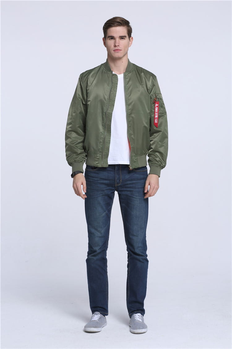 Olive green satin ma1 pilot bomber jacket with a stand collar and red patch on the left sleeve for casual wear.