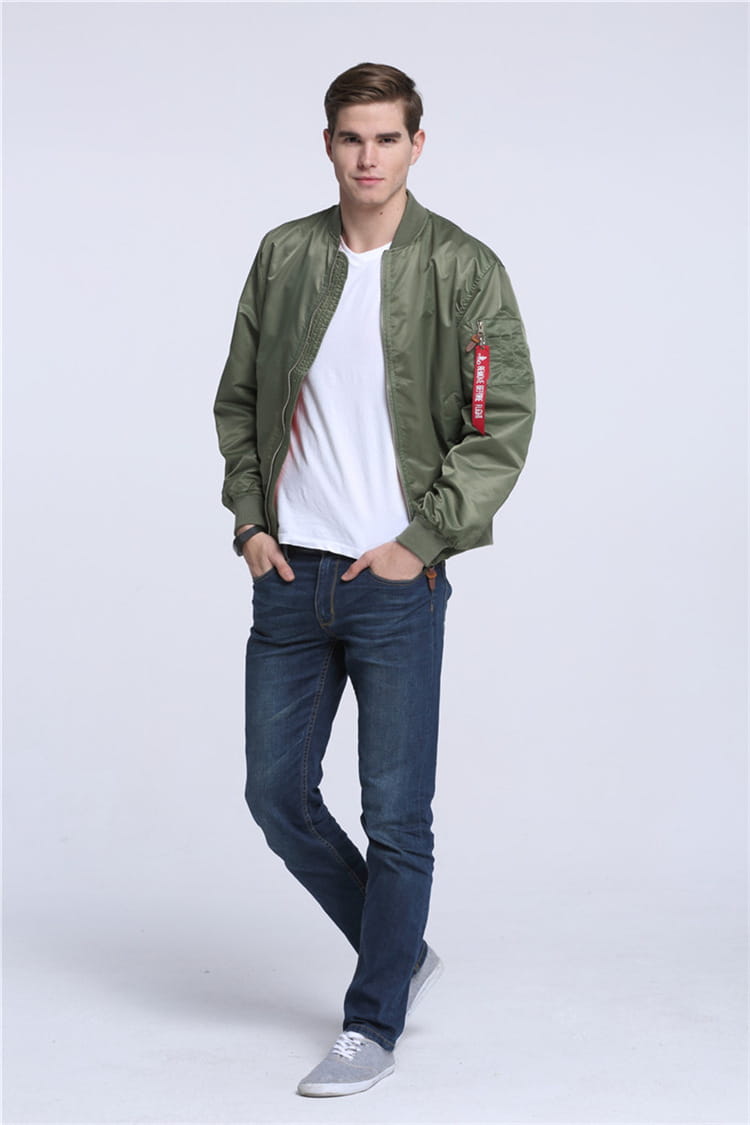olive green ma1 pilot bomber jacket with casual stand collar featuring a red tag on the left sleeve