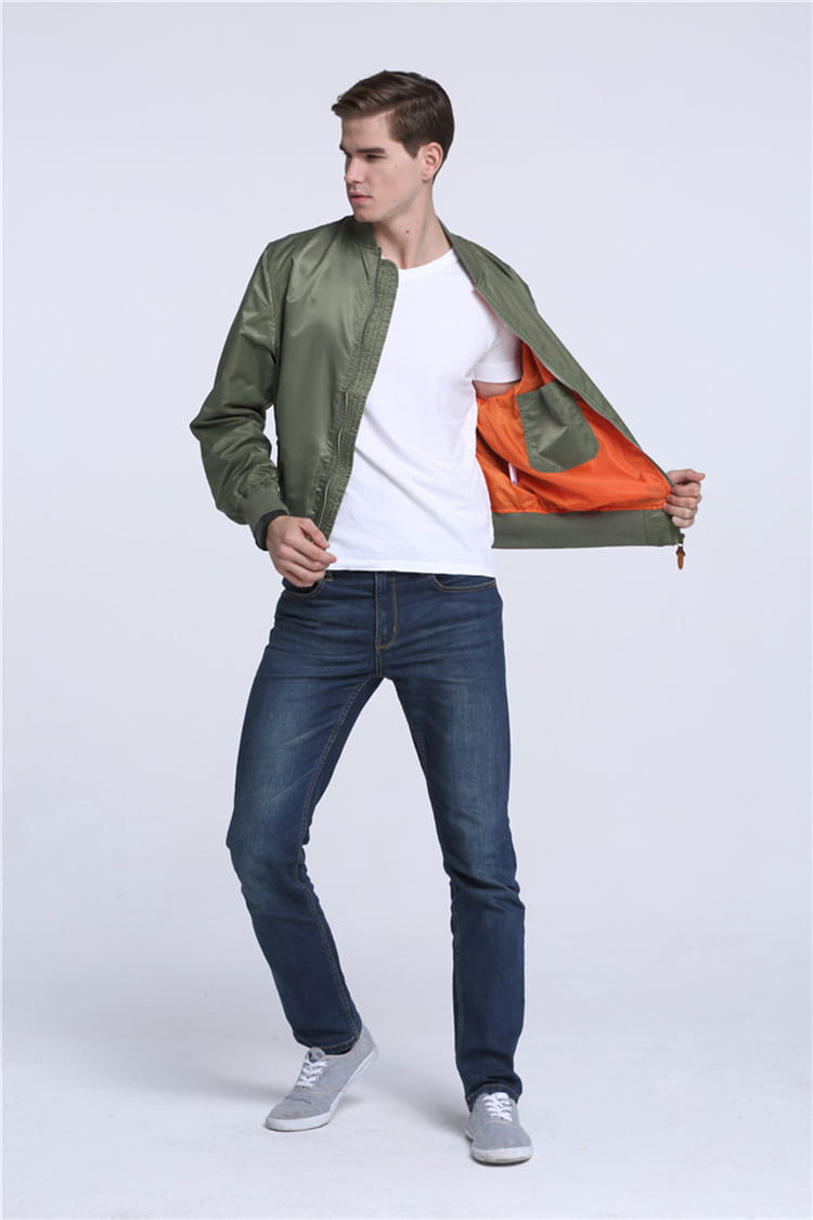 ma1 pilot bomber jacket casual stand collar in olive green with bright orange interior lining designed for versatile wear.