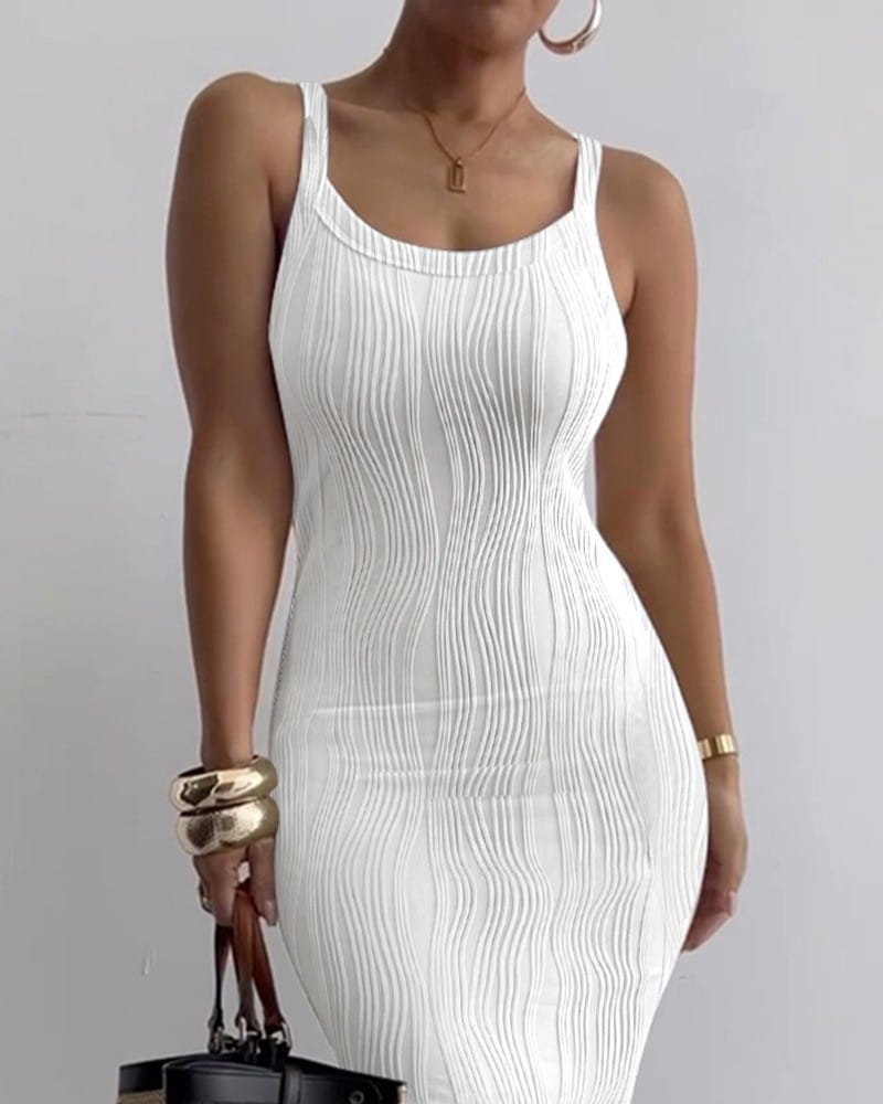 A white ribbed knit square neck sleeveless midi dress with a form-fitting silhouette and subtle vertical pleats.