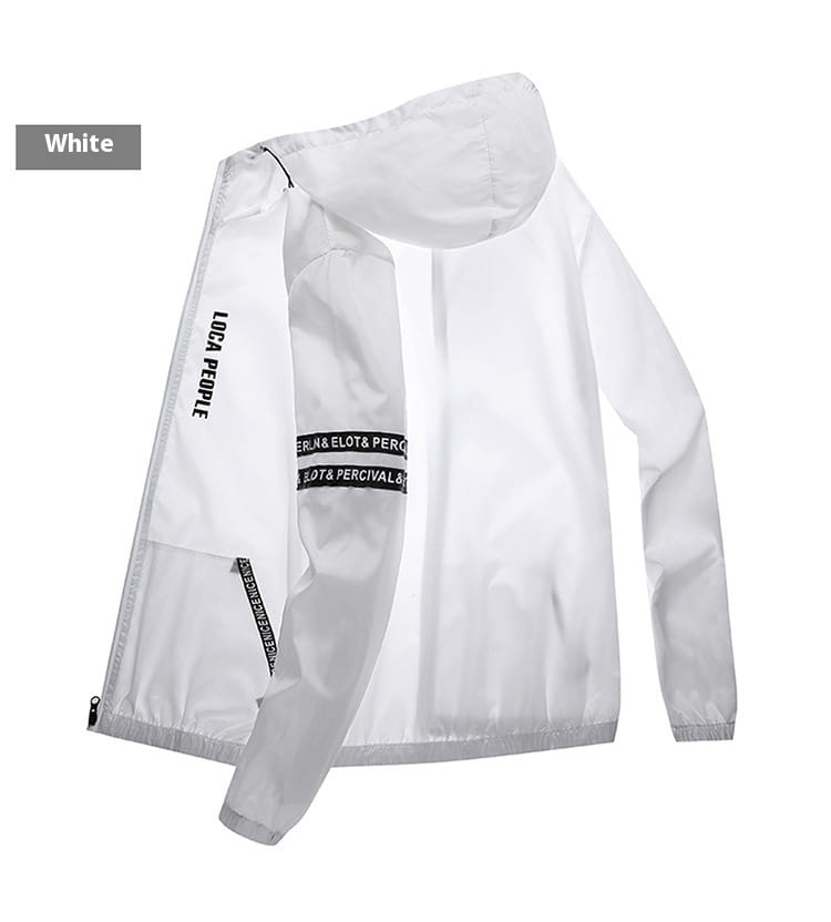 White lightweight mens sun protection windbreaker jacket with hood and black text panels on the sleeves and zipper area.