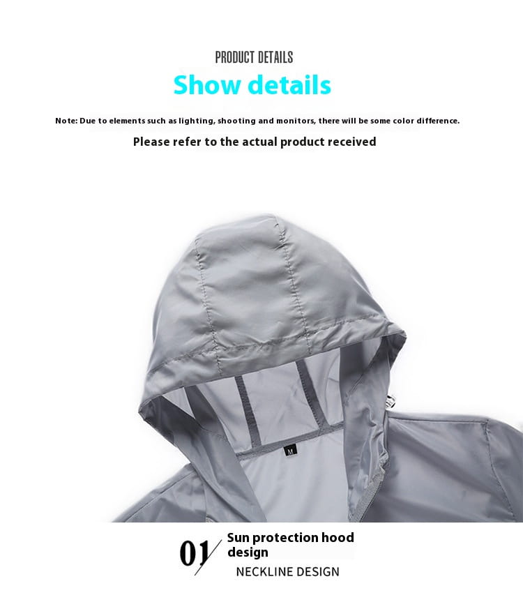 Gray sun protection hood on a men’s sun protection windbreaker jacket made of sleek lightweight fabric with subtle reflective trim along the neckline.